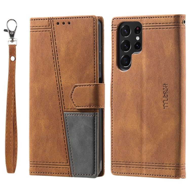 For Samsung Galaxy S25 Ultra 5G TTUDRCH Embossed Line Splicing Leather Phone Case(Brown) by buy2fix