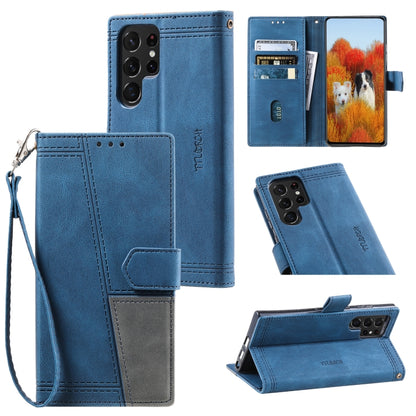 For Samsung Galaxy S25 Ultra 5G TTUDRCH Embossed Line Splicing Leather Phone Case(Blue) by buy2fix