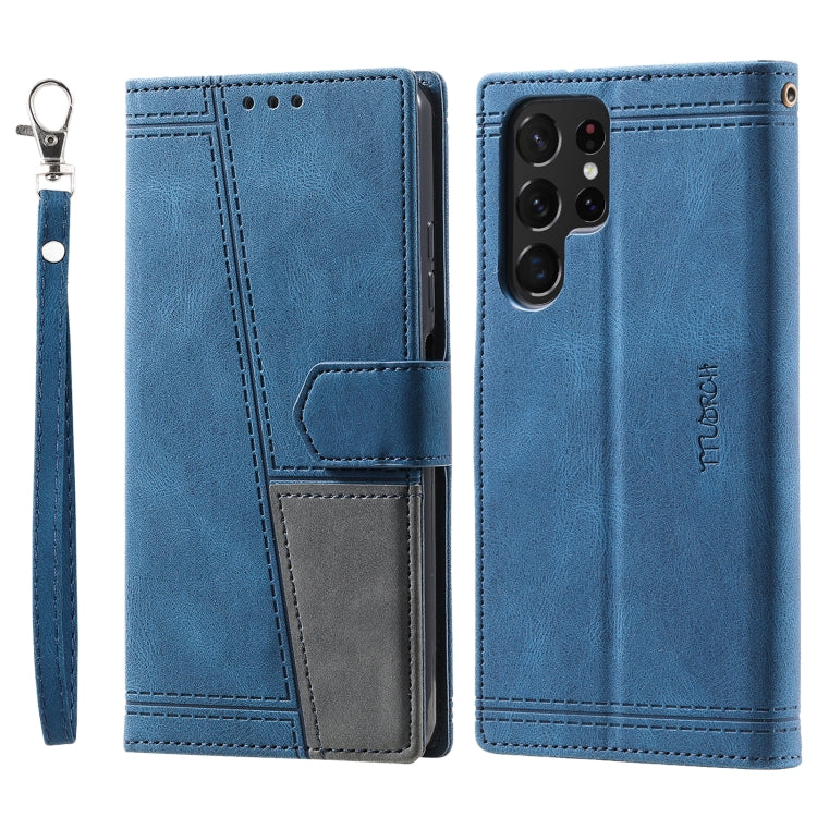 For Samsung Galaxy S25 Ultra 5G TTUDRCH Embossed Line Splicing Leather Phone Case(Blue) by buy2fix