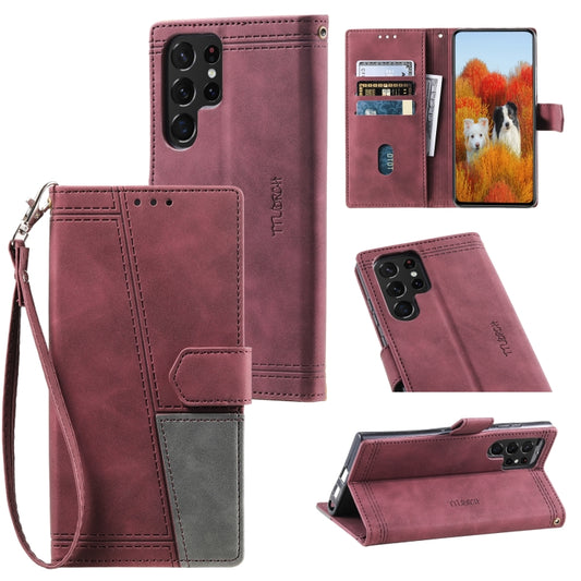 For Samsung Galaxy S25 Ultra 5G TTUDRCH Embossed Line Splicing Leather Phone Case(Wine Red) by buy2fix