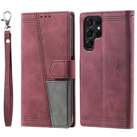 For Samsung Galaxy S25 Ultra 5G TTUDRCH Embossed Line Splicing Leather Phone Case(Wine Red) by buy2fix