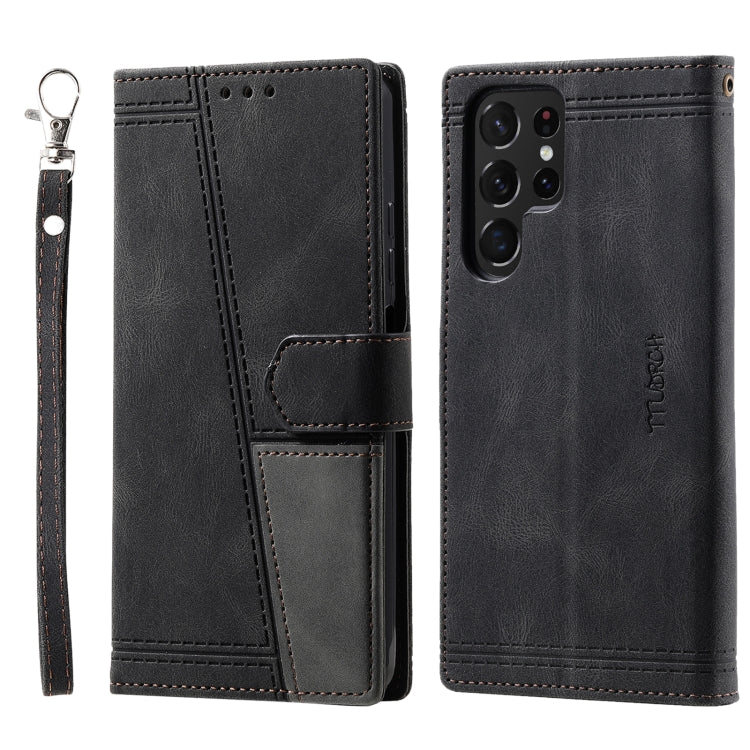 For Samsung Galaxy S25 Ultra 5G TTUDRCH Embossed Line Splicing Leather Phone Case(Black) by buy2fix
