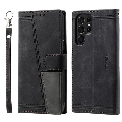 For Samsung Galaxy S25 Ultra 5G TTUDRCH Embossed Line Splicing Leather Phone Case(Black) by buy2fix