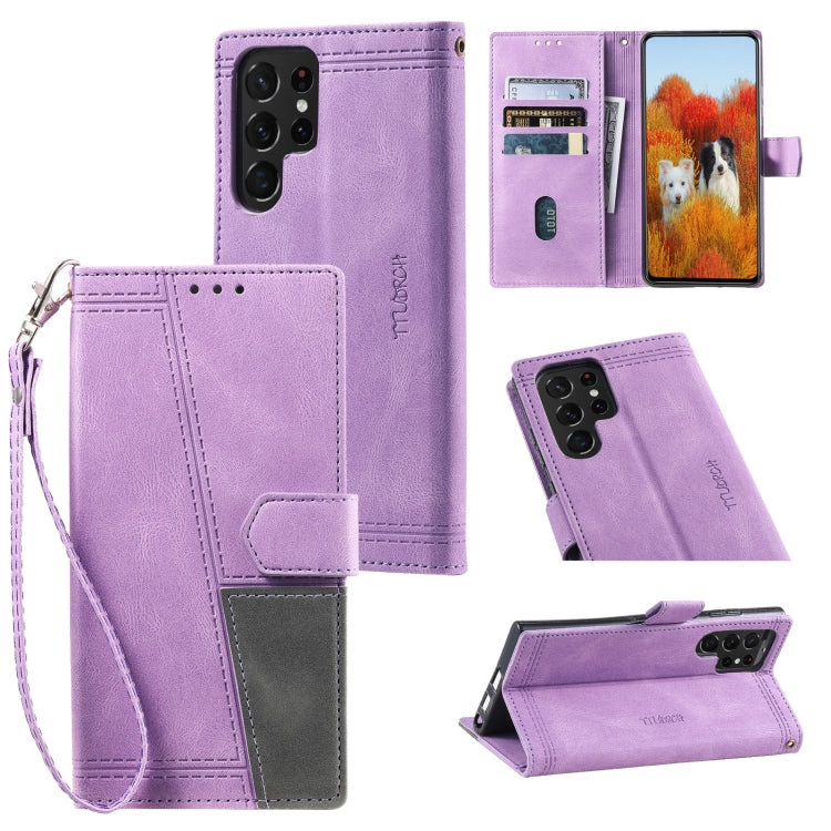 For Samsung Galaxy S25 Ultra 5G TTUDRCH Embossed Line Splicing Leather Phone Case(Purple) by buy2fix