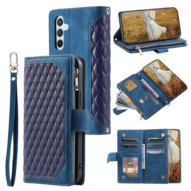 For Samsung Galaxy S25 5G Grid Texture Zipper Leather Phone Case with Lanyard(Blue) by buy2fix