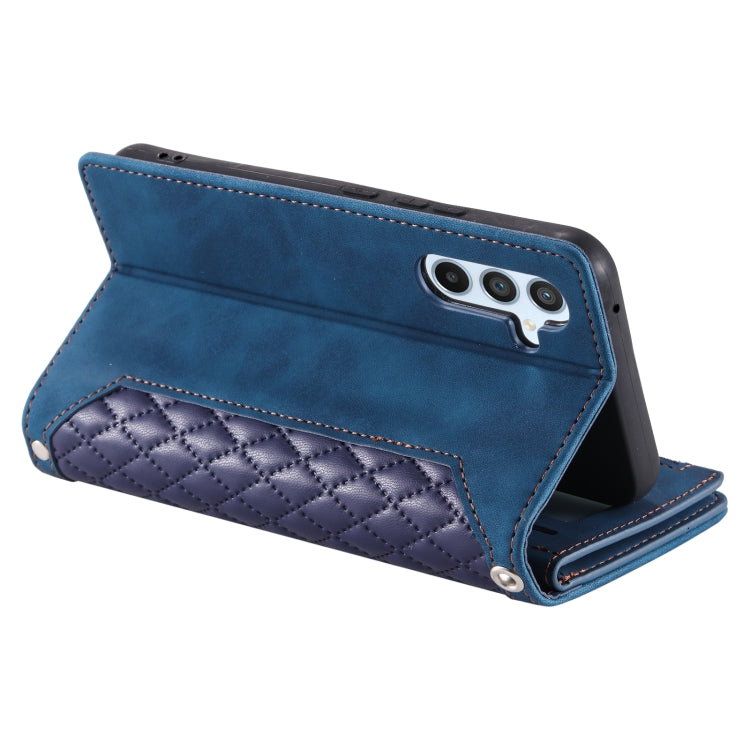 For Samsung Galaxy S25 5G Grid Texture Zipper Leather Phone Case with Lanyard(Blue) by buy2fix