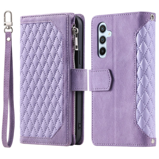 For Samsung Galaxy S25 5G Grid Texture Zipper Leather Phone Case with Lanyard(Purple) by buy2fix