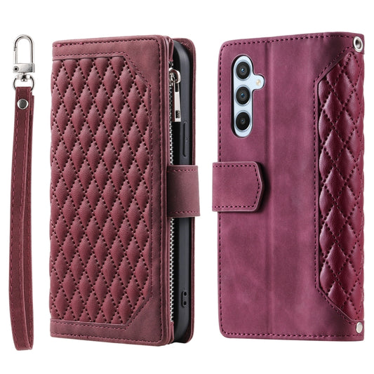 For Samsung Galaxy S25 5G Grid Texture Zipper Leather Phone Case with Lanyard(Wine Red) by buy2fix