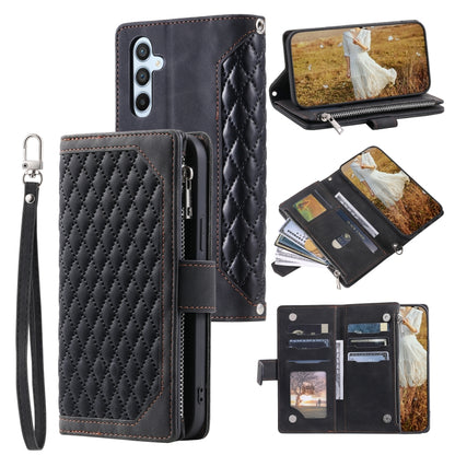 For Samsung Galaxy S25 5G Grid Texture Zipper Leather Phone Case with Lanyard(Black) by buy2fix