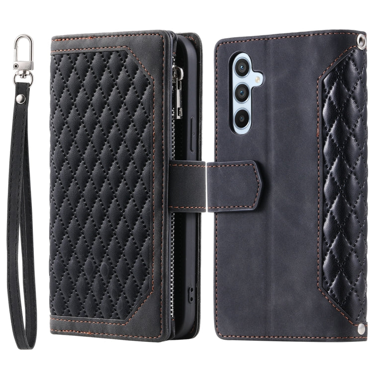 For Samsung Galaxy S25 5G Grid Texture Zipper Leather Phone Case with Lanyard(Black) by buy2fix