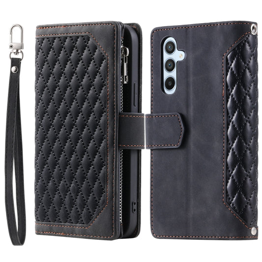 For Samsung Galaxy S25 5G Grid Texture Zipper Leather Phone Case with Lanyard(Black) by buy2fix