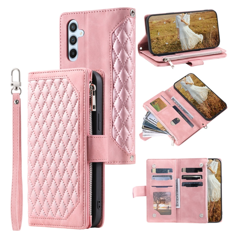 For Samsung Galaxy S25 5G Grid Texture Zipper Leather Phone Case with Lanyard(Rose Gold) by buy2fix