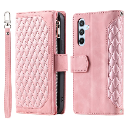 For Samsung Galaxy S25 5G Grid Texture Zipper Leather Phone Case with Lanyard(Rose Gold) by buy2fix