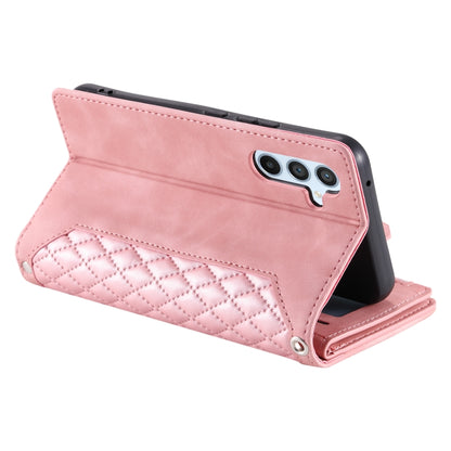 For Samsung Galaxy S25 5G Grid Texture Zipper Leather Phone Case with Lanyard(Rose Gold) by buy2fix