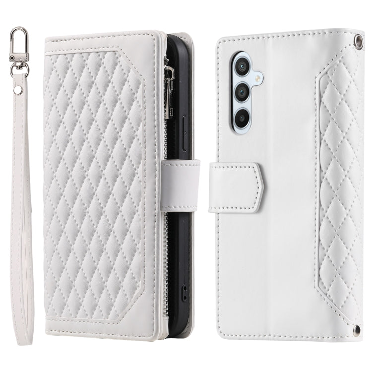 For Samsung Galaxy S25 5G Grid Texture Zipper Leather Phone Case with Lanyard(White) by buy2fix