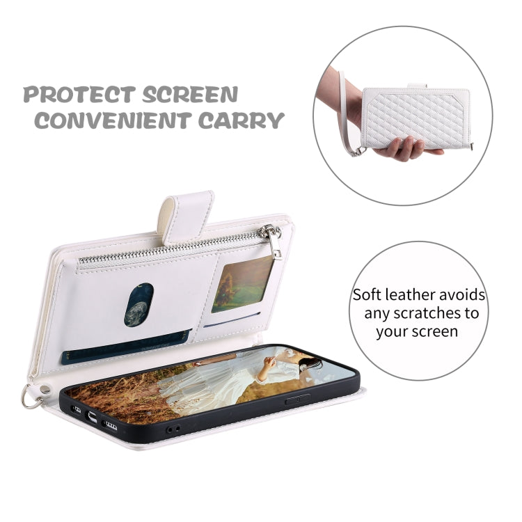 For Samsung Galaxy S25 5G Grid Texture Zipper Leather Phone Case with Lanyard(White) by buy2fix