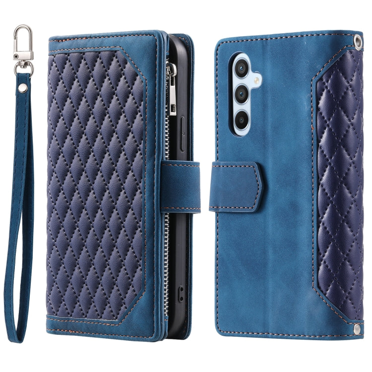 For Samsung Galaxy S25+ 5G Grid Texture Zipper Leather Phone Case with Lanyard(Blue) by buy2fix
