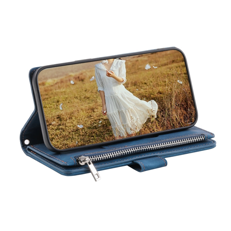 For Samsung Galaxy S25+ 5G Grid Texture Zipper Leather Phone Case with Lanyard(Blue) by buy2fix