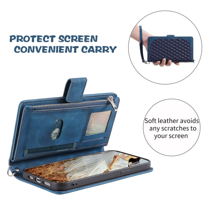 For Samsung Galaxy S25+ 5G Grid Texture Zipper Leather Phone Case with Lanyard(Blue) by buy2fix