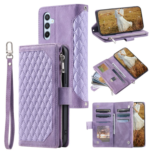 For Samsung Galaxy S25+ 5G Grid Texture Zipper Leather Phone Case with Lanyard(Purple) by buy2fix