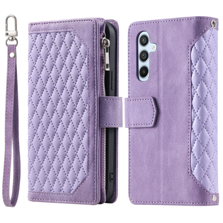For Samsung Galaxy S25+ 5G Grid Texture Zipper Leather Phone Case with Lanyard(Purple) by buy2fix