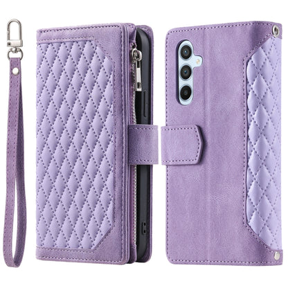 For Samsung Galaxy S25+ 5G Grid Texture Zipper Leather Phone Case with Lanyard(Purple) by buy2fix