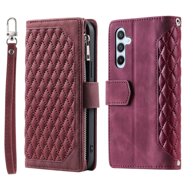 For Samsung Galaxy S25+ 5G Grid Texture Zipper Leather Phone Case with Lanyard(Wine Red) by buy2fix