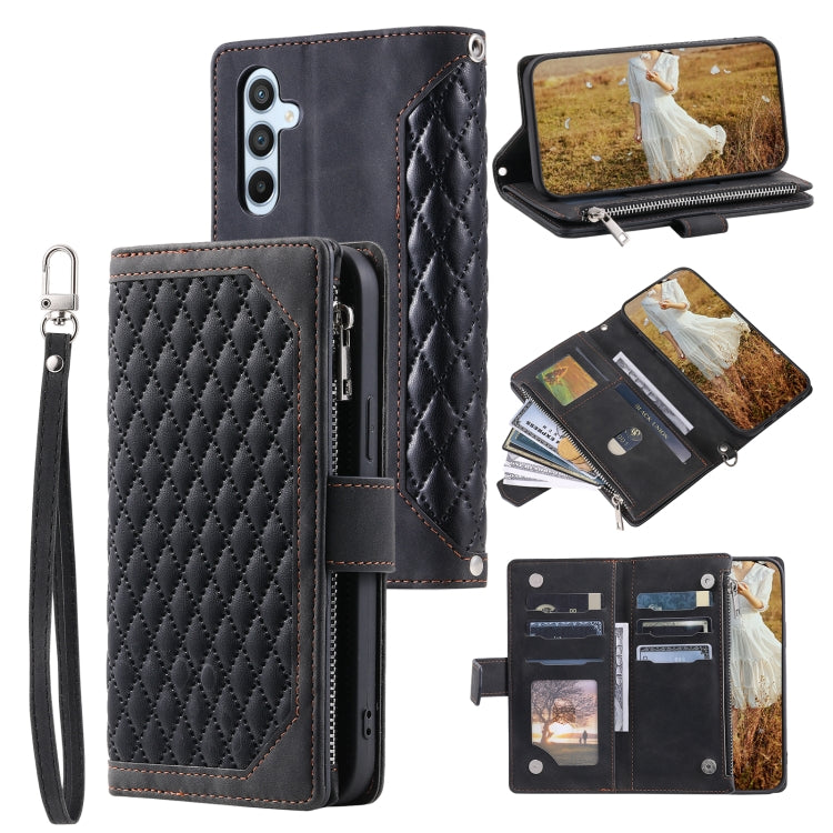 For Samsung Galaxy S25+ 5G Grid Texture Zipper Leather Phone Case with Lanyard(Black) by buy2fix