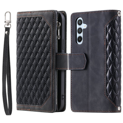 For Samsung Galaxy S25+ 5G Grid Texture Zipper Leather Phone Case with Lanyard(Black) by buy2fix