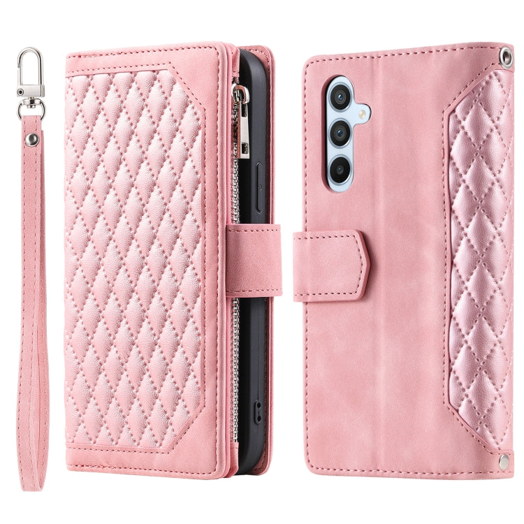 For Samsung Galaxy S25+ 5G Grid Texture Zipper Leather Phone Case with Lanyard(Rose Gold) by buy2fix