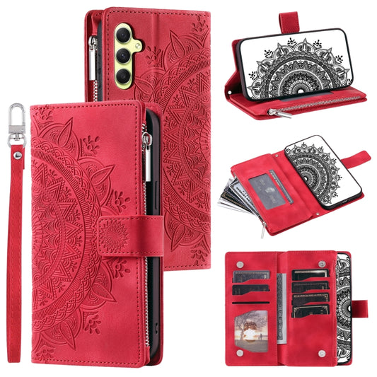 For Samsung Galaxy S25 5G Multi-Card Totem Zipper Leather Phone Case(Red) by buy2fix