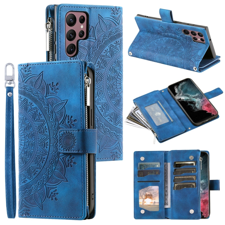 For Samsung Galaxy S25 Ultra 5G Multi-Card Totem Zipper Leather Phone Case(Blue) by buy2fix