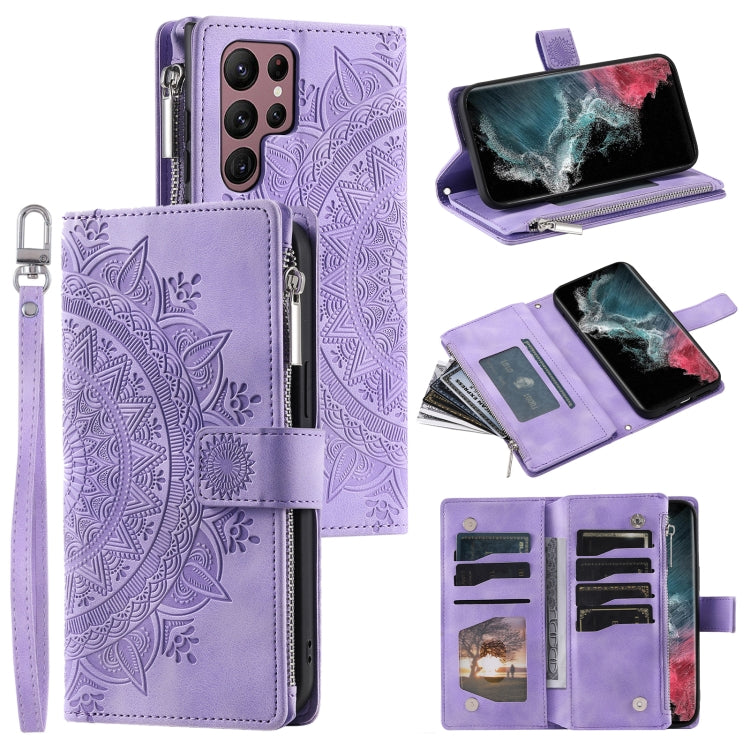 For Samsung Galaxy S25 Ultra 5G Multi-Card Totem Zipper Leather Phone Case(Purple) by buy2fix