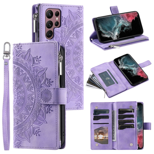 For Samsung Galaxy S25 Ultra 5G Multi-Card Totem Zipper Leather Phone Case(Purple) by buy2fix