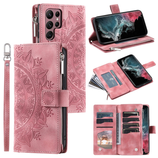 For Samsung Galaxy S25 Ultra 5G Multi-Card Totem Zipper Leather Phone Case(Pink) by buy2fix