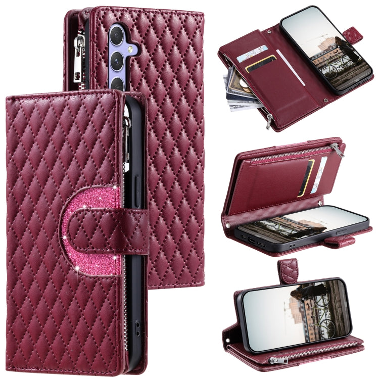 For Samsung Galaxy S25+ 5G Glitter Lattice Zipper Wallet Leather Phone Case(Wine Red) by buy2fix