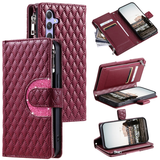 For Samsung Galaxy S25+ 5G Glitter Lattice Zipper Wallet Leather Phone Case(Wine Red) by buy2fix