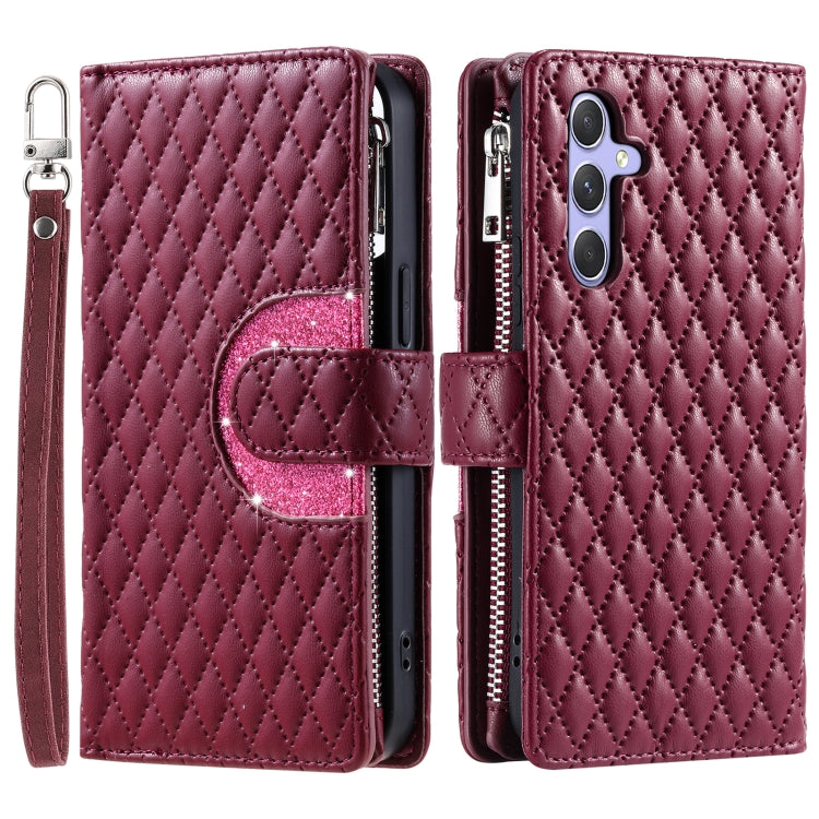 For Samsung Galaxy S25+ 5G Glitter Lattice Zipper Wallet Leather Phone Case(Wine Red) by buy2fix