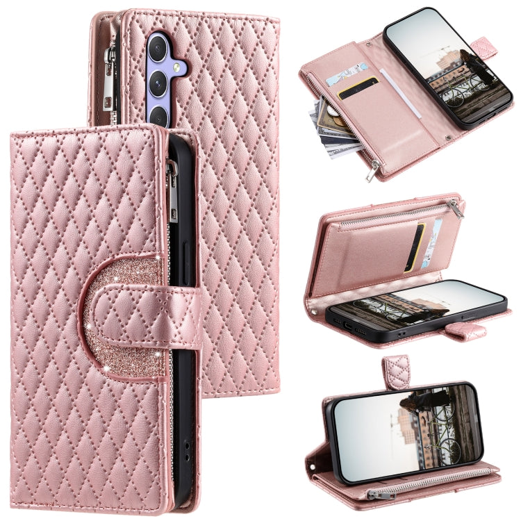 For Samsung Galaxy S25+ 5G Glitter Lattice Zipper Wallet Leather Phone Case(Rose Gold) by buy2fix
