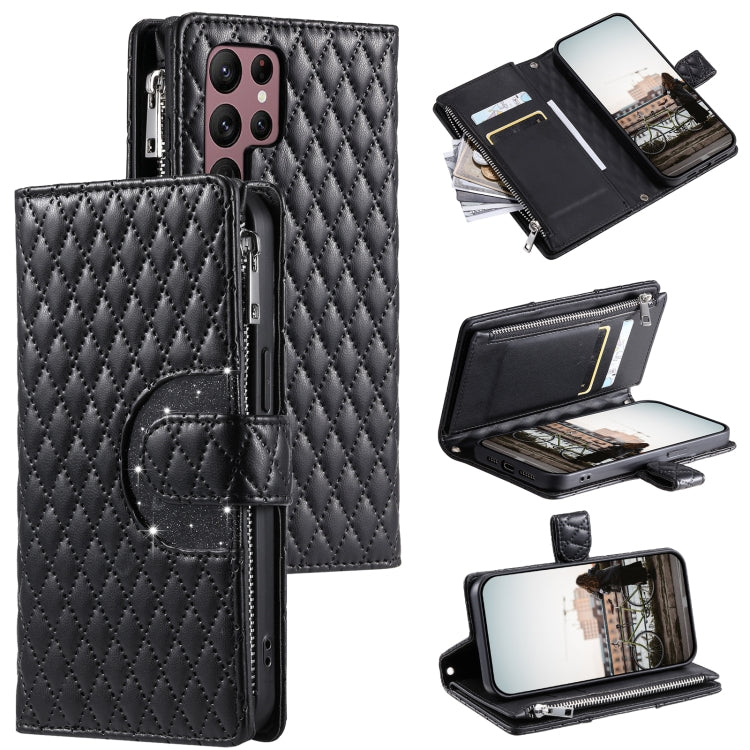 For Samsung Galaxy S25 Ultra 5G Glitter Lattice Zipper Wallet Leather Phone Case(Black) by buy2fix