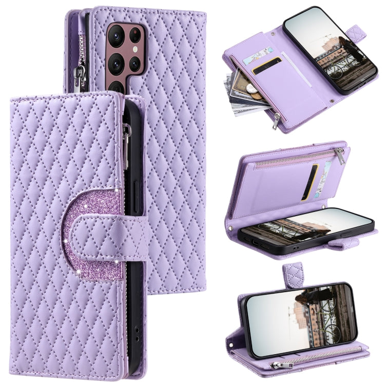 For Samsung Galaxy S25 Ultra 5G Glitter Lattice Zipper Wallet Leather Phone Case(Purple) by buy2fix