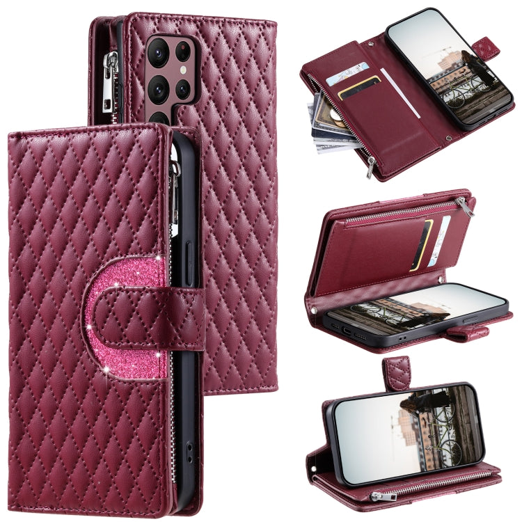 For Samsung Galaxy S25 Ultra 5G Glitter Lattice Zipper Wallet Leather Phone Case(Wine Red) by buy2fix