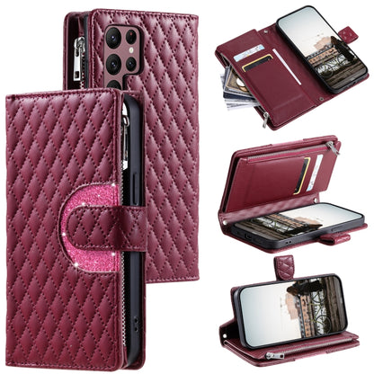 For Samsung Galaxy S25 Ultra 5G Glitter Lattice Zipper Wallet Leather Phone Case(Wine Red) by buy2fix