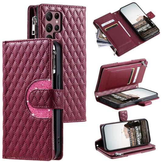 For Samsung Galaxy S25 Ultra 5G Glitter Lattice Zipper Wallet Leather Phone Case(Wine Red) by buy2fix