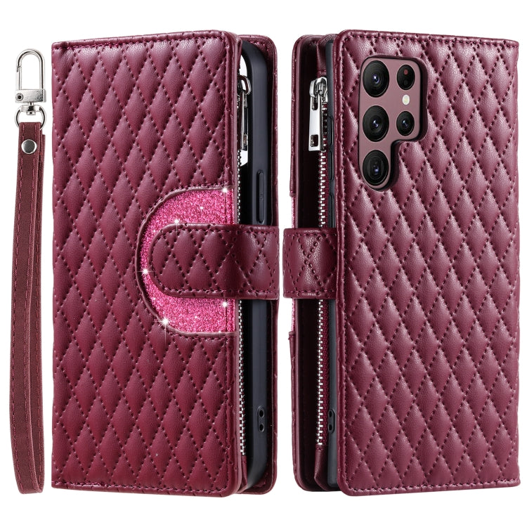 For Samsung Galaxy S25 Ultra 5G Glitter Lattice Zipper Wallet Leather Phone Case(Wine Red) by buy2fix