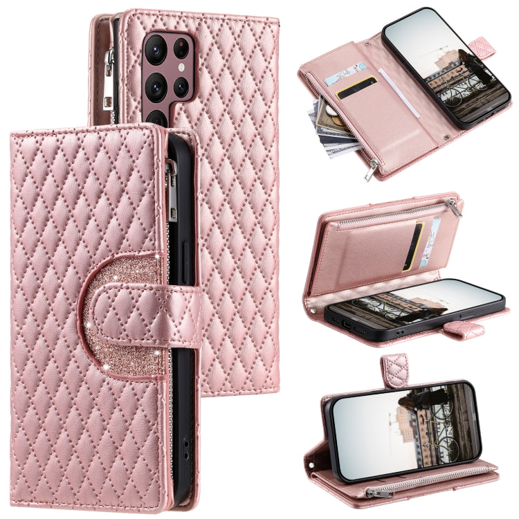 For Samsung Galaxy S25 Ultra 5G Glitter Lattice Zipper Wallet Leather Phone Case(Rose Gold) by buy2fix