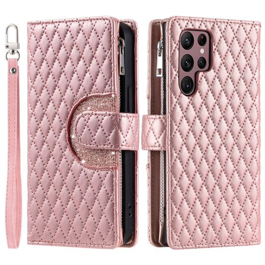 For Samsung Galaxy S25 Ultra 5G Glitter Lattice Zipper Wallet Leather Phone Case(Rose Gold) by buy2fix