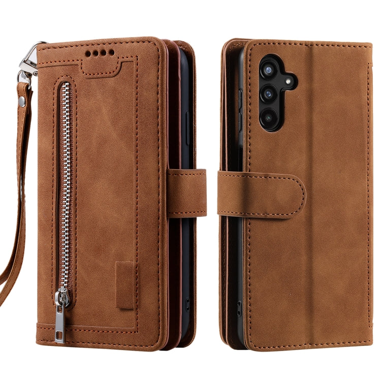 For Samsung Galaxy S25 5G Nine Card Zipper Bag Leather Phone Case with Lanyard(Brown) by buy2fix