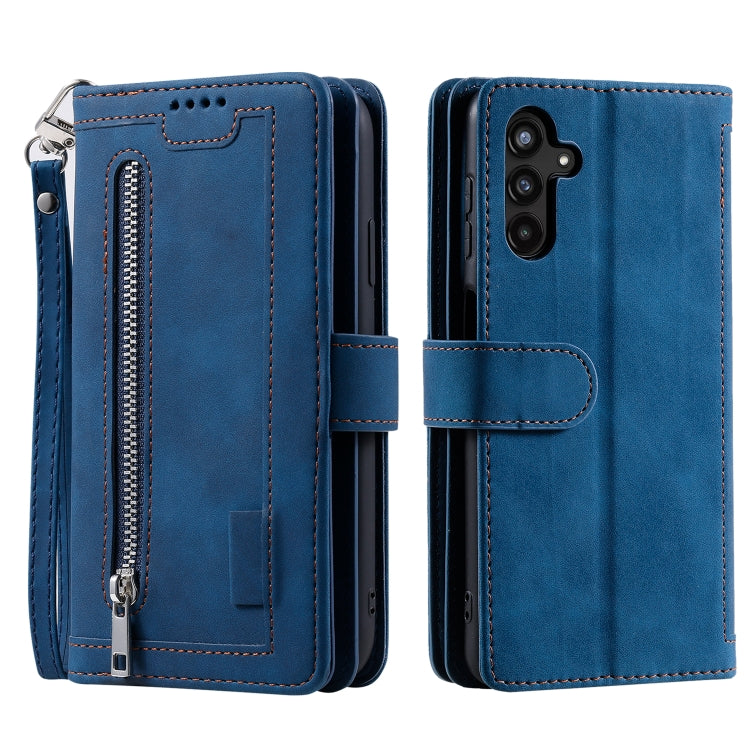 For Samsung Galaxy S25 5G Nine Card Zipper Bag Leather Phone Case with Lanyard(Blue) by buy2fix