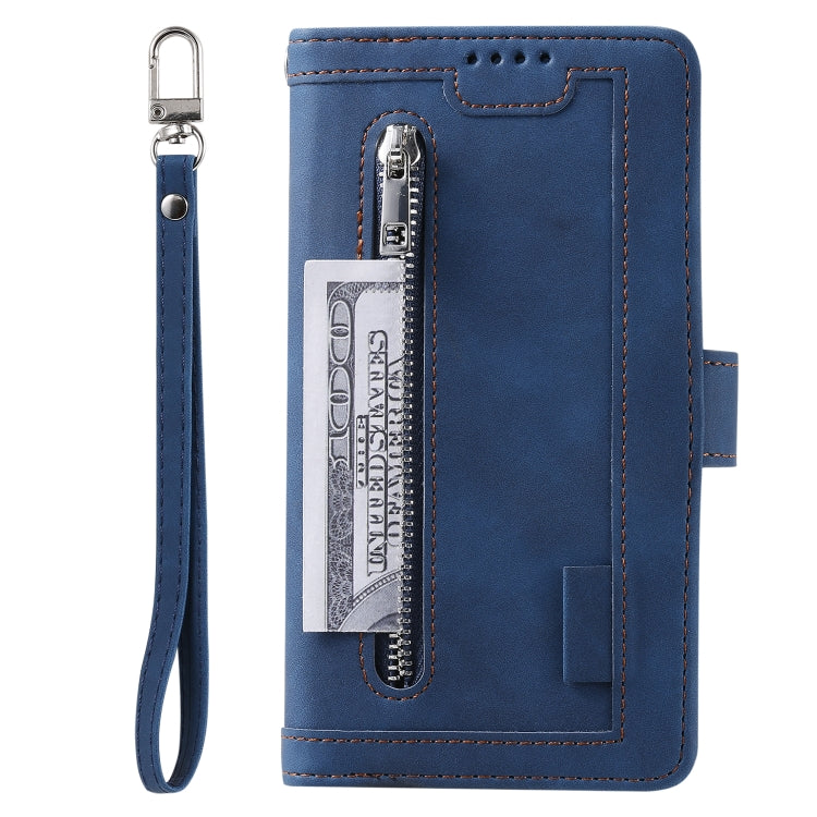 For Samsung Galaxy S25+ 5G Nine Card Zipper Bag Leather Phone Case with Lanyard(Blue) by buy2fix